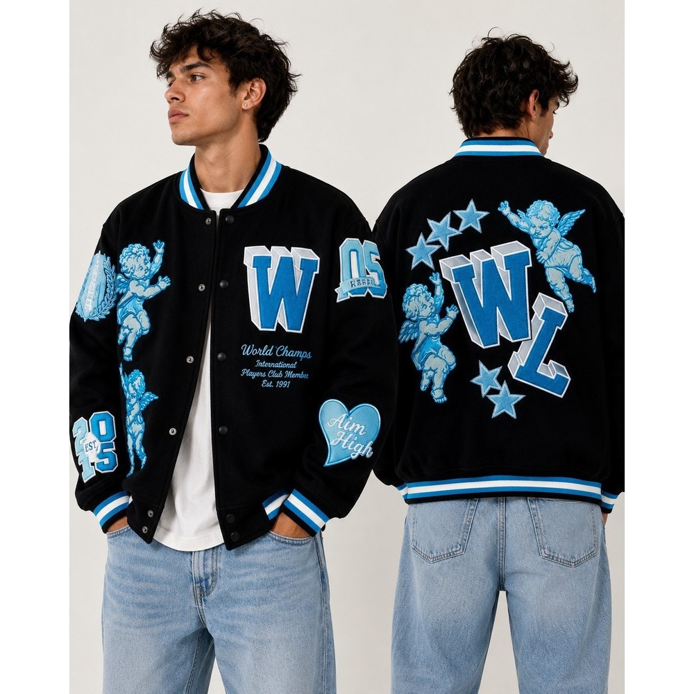 FBRK Mens Streetwear Varsity Jacket Black Blue Angel 2XL Cherub Z112 NWOT Mint